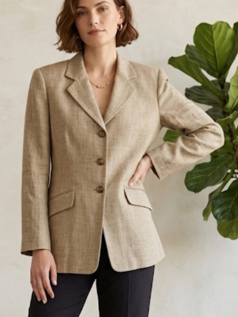 Jones New York Tailored Linen Blend Blazer Tan Single-Breasted Sz 4 Y2K